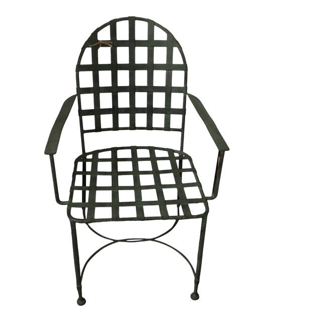 Vintage Outdoor Crosshatch Metal Armchair With Verdigris Patina For Sale