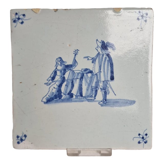 Dutch Delft Tile with Bass Player by Pytter Grauda, Harlingen, Friesland, 1630 For Sale
