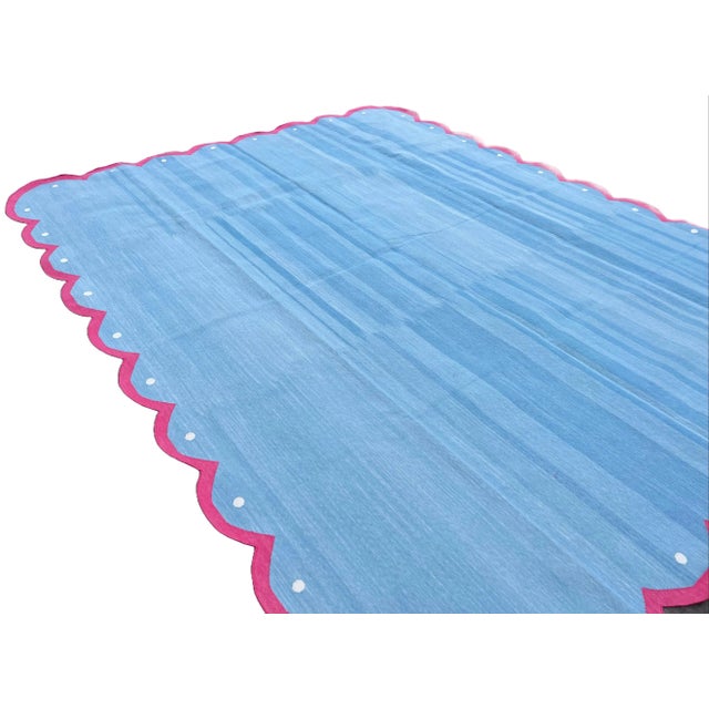 Textile Handmade Cotton Area Four Sided Scalloped Rug Dhurrie Sky Blue and Pink Border-8'x10' For Sale - Image 7 of 10