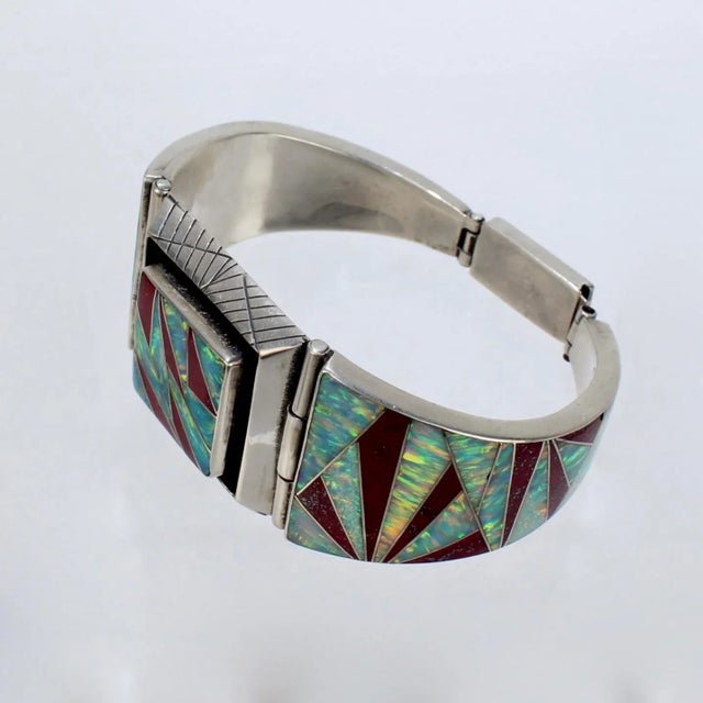 Metal Vintage Signed Old Pawn Zuni Sterling Silver, Opal, & Red Jasper Bracelet For Sale - Image 7 of 12
