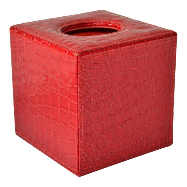 Vintage Square Red Embossed Faux Crocodile Leather Tissue Box Cover For Sale