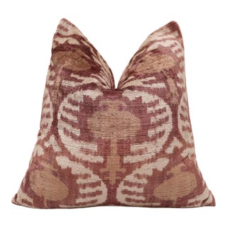 Luxury Handwoven Silk Velvet Throw Pillow 20x20 Inch Burgundy Ikat Pattern For Sale