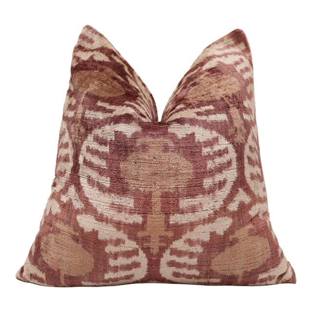 Luxury Handwoven Silk Velvet Throw Pillow 20x20 Inch Burgundy Ikat Pattern For Sale