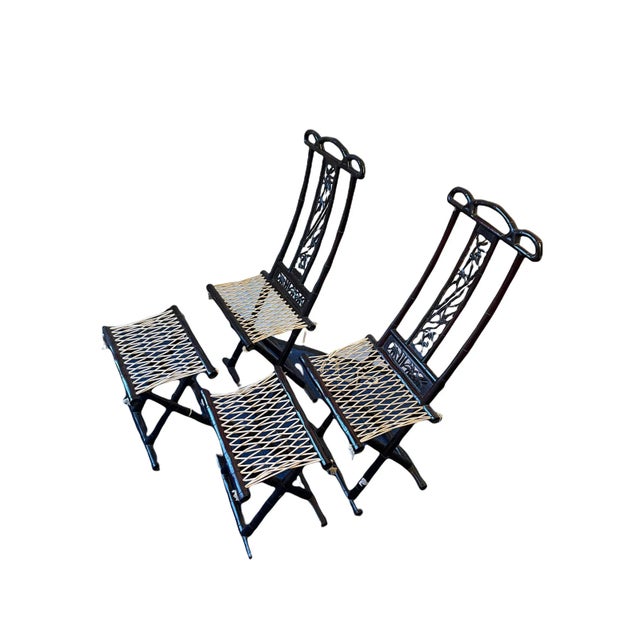 Antique Hand-Crafted Asian Bamboo Folding Chairs With Stools- 4 Pieces For Sale - Image 6 of 13