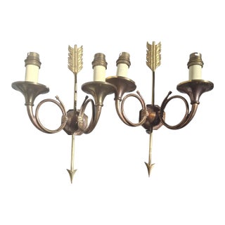 19thc French Empire Neoclassic Bronze Horn/ Arrow 2 Light Sconces a - Pair For Sale