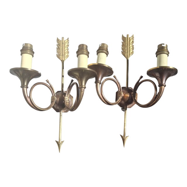 19thc French Empire Neoclassic Bronze Horn/ Arrow 2 Light Sconces a - Pair For Sale