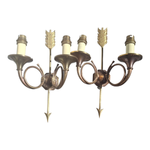 19thc French Empire Neoclassic Bronze Horn/ Arrow 2 Light Sconces a - Pair