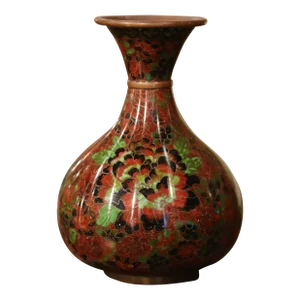 Vintage Chinese Cloisonne Enamel Vase With Floral Motifs on Wooden Stand