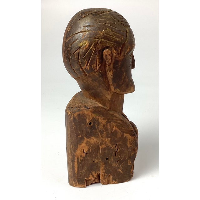 Antique Folk Art Hand Carved Wood Bust For Sale - Image 4 of 6
