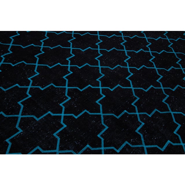 Modern Black Turkish Handmade Blue Geometric Trellis Pattern Wool Rug For Sale - Image 10 of 11