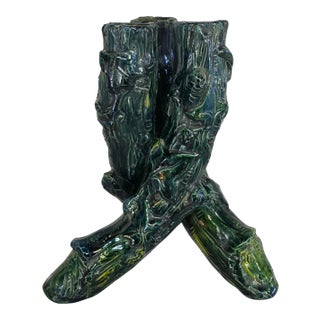 Mid 19th Century Continental Majolica Porcelain Twisted Tree Trunks Form Vase For Sale