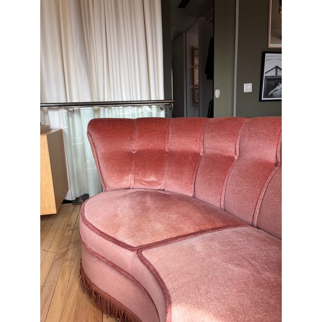 Mohair sofa purchased from a dealer at High Point Market for $5,500. This curved "banana" sofa has a channel-tufted button...