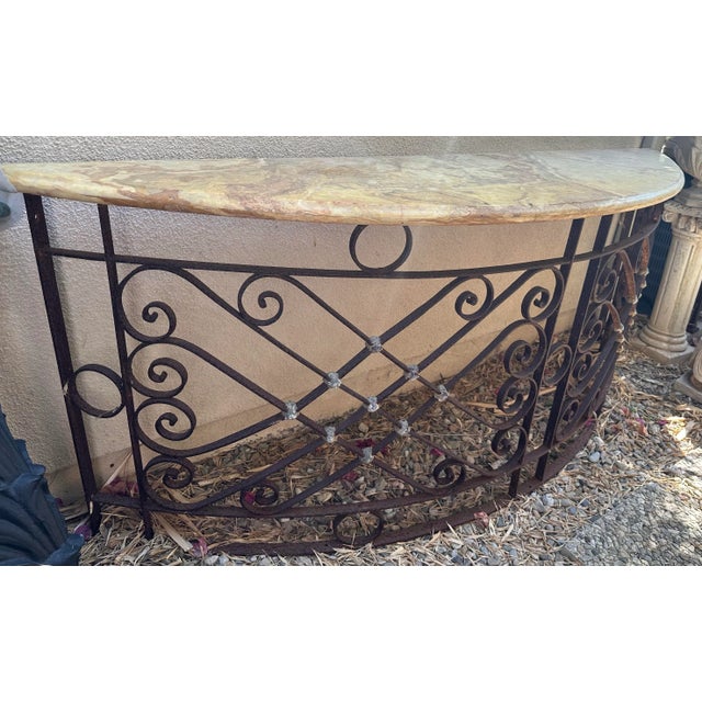 Art Nouveau Antique French Large Wrought Iron Onyx Stone Top Console Table For Sale - Image 3 of 12