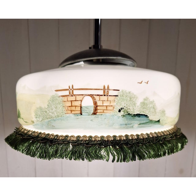 German Hanging Lamp with Hand-Painted Glass Shade, 1920s For Sale - Image 8 of 9