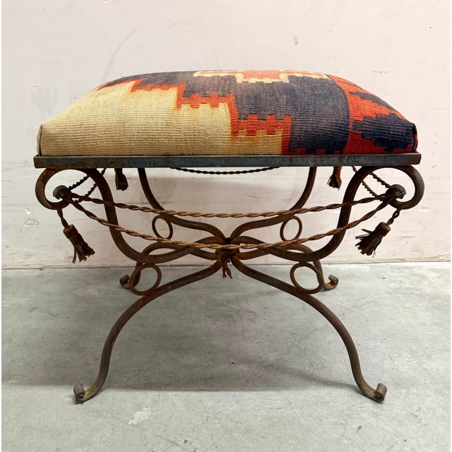 1970s Vintage Spanish Revival Wrought Iron Bench Ottoman With Kilim Upholstery For Sale - Image 5 of 12