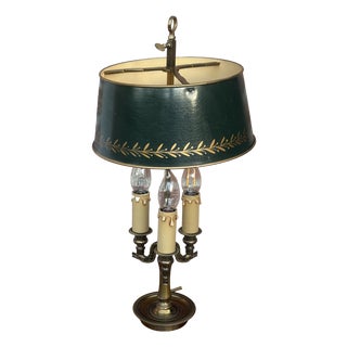 Antique French Bouilette Brass and Metal Shade 3-Light Table Lamp, 1930s For Sale