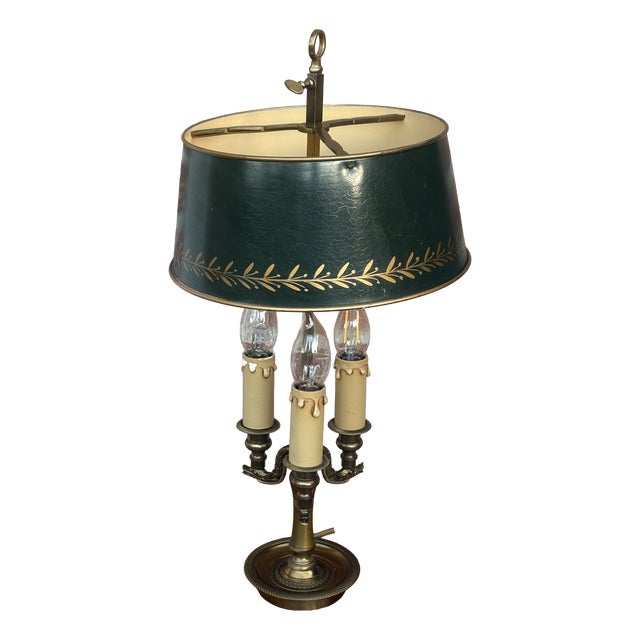 Antique French Bouilette Brass and Metal Shade 3-Light Table Lamp, 1930s For Sale