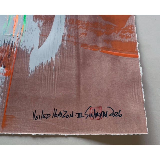 2020s Veiled Horizon. III White Framed Surreal Vibrant Orange/Green Painting For Sale - Image 5 of 5