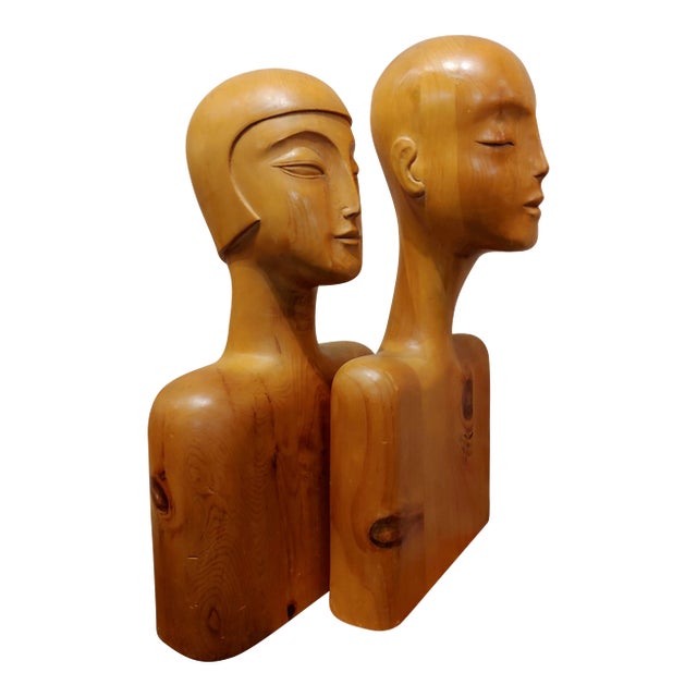 1930s Art Deco Carved Wooden Mannequin Busts-A Pair For Sale