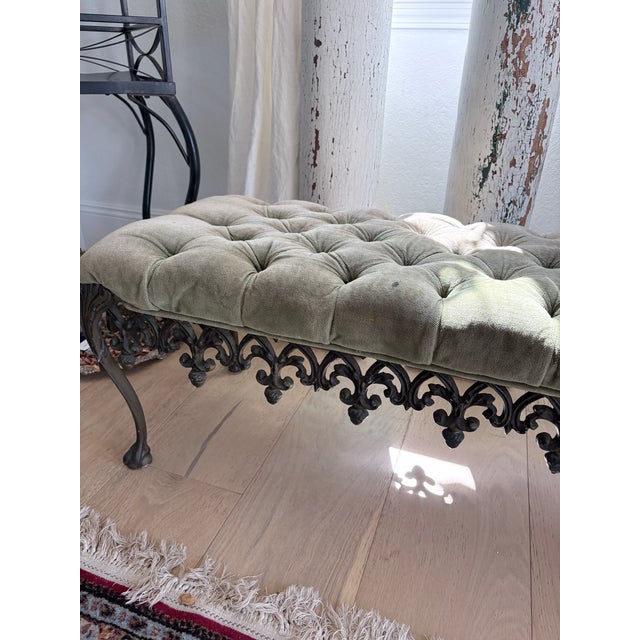 Hollywood Regency Vintage Hollywood Regency Tufted Velvet Bench With Ornate Metal Base For Sale - Image 3 of 12
