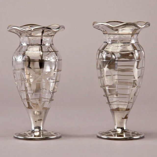 Mid-Century Modern 1940s Silver Overlay Glass Vases - a Pair For Sale - Image 3 of 10
