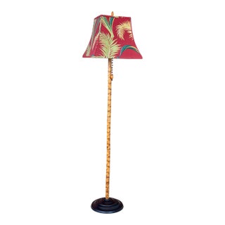 Vintage Scorched Bamboo Floor Lamp With Tropical Palm Shade For Sale