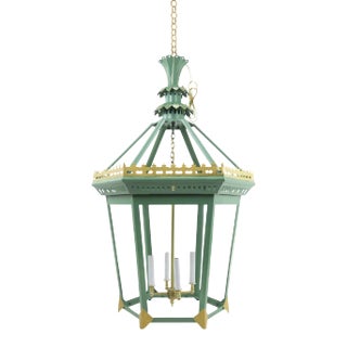 Vintage 19th Century British Hexagonal Pineapple Lantern Chandelier, Celadon and Gold For Sale