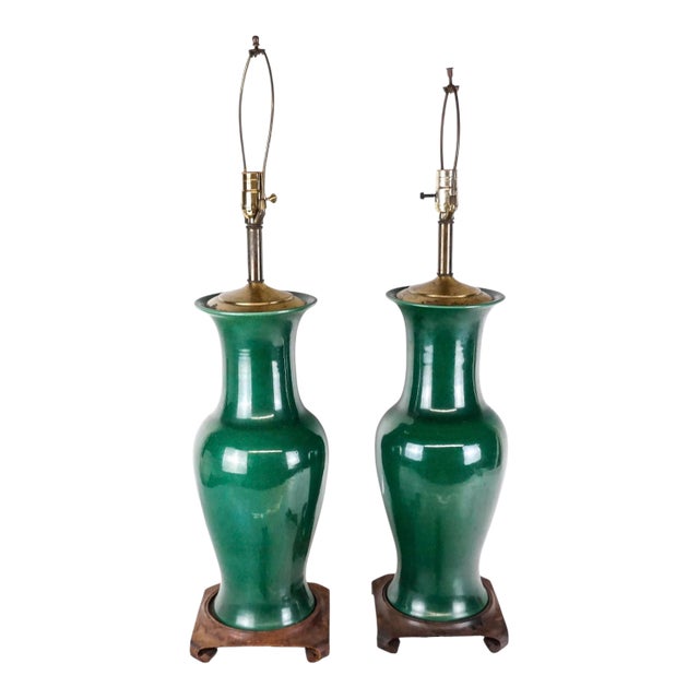 Large Pair of 19th Century Chinese Green Glazed Porcelain Vases Converted to Lamps For Sale