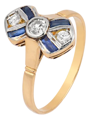 1930s Art Deco Inspired Diamond Sapphire 18k Yellow Gold Ring, Size 6.5