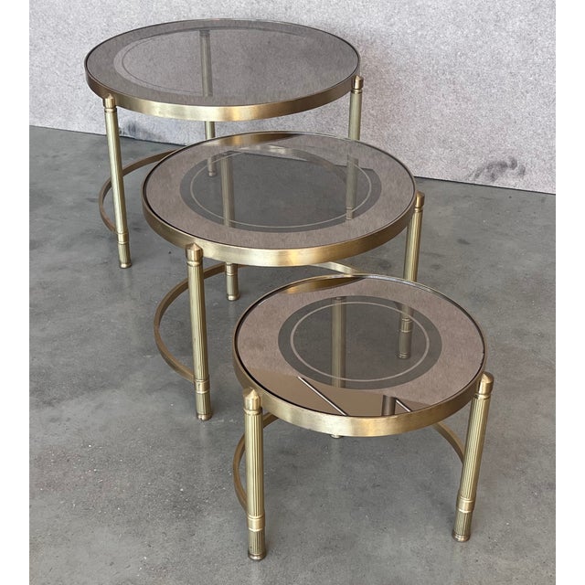 Set of Three Round Brass Nesting Tables With Smoked Pink Glass Tops For Sale - Image 9 of 12