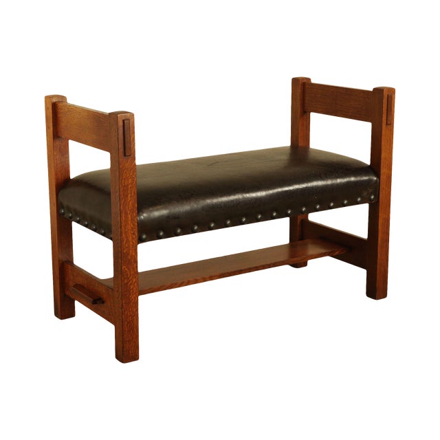 Stickley Mission Collection Oak Leather Seat Bench | Chairish