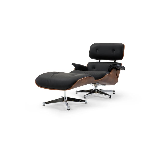 Pasargad Home Portfino Black Leather Lounge Chair With Ottoman For Sale - Image 11 of 11