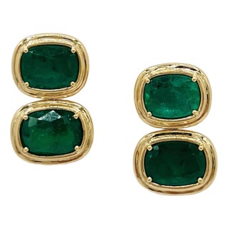 17 Carats of Emerald Cushion Double Bezel Prong Earrings in 18k Yellow Gold, A Pair For Sale
