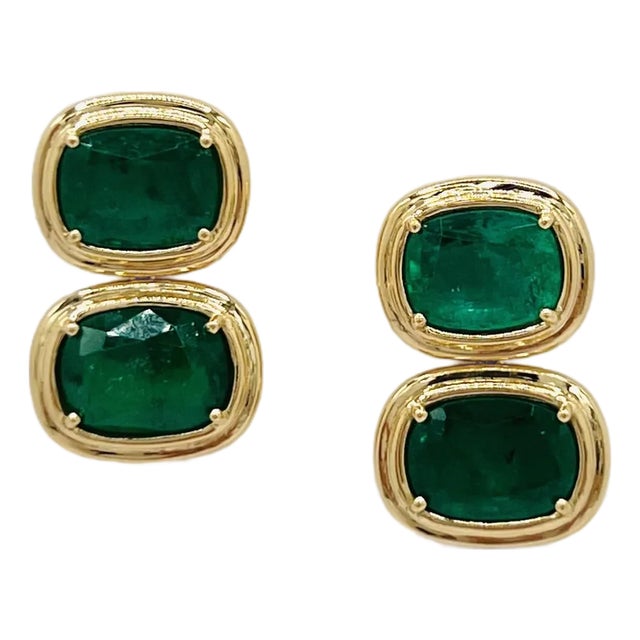 17 Carats of Emerald Cushion Double Bezel Prong Earrings in 18k Yellow Gold, A Pair For Sale