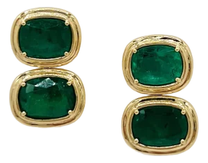 17 Carats of Emerald Cushion Double Bezel Prong Earrings in 18k Yellow Gold, A Pair
