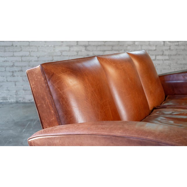 Vintage Art Deco Cognac Leather Sofa For Sale In Boston - Image 6 of 16