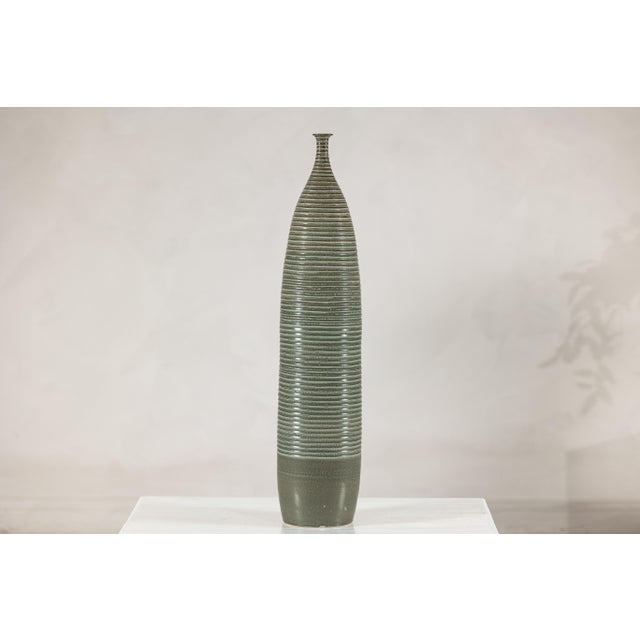 Tall Artisan Ceramic Hand-Crafted Vase with Ribbed Body and Green Glaze For Sale - Image 15 of 16