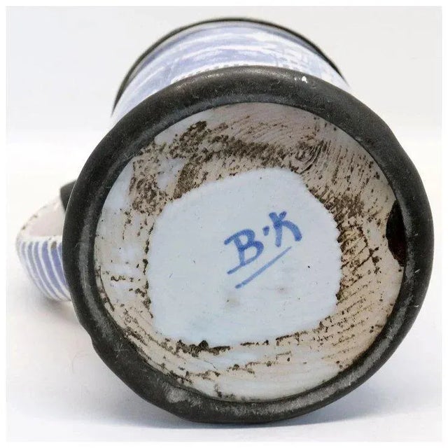 Traditional German Bayreuth Faience Pottery Pewter Mounted Blue and White Tankard For Sale - Image 3 of 13