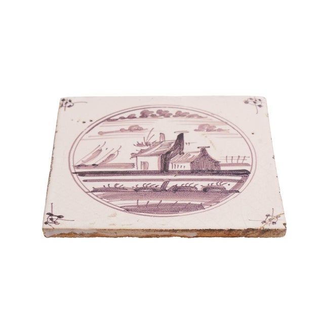 Set of 5 Mulberry Landscape Delft Faience Tiles, C. 1680-1720 For Sale - Image 14 of 15