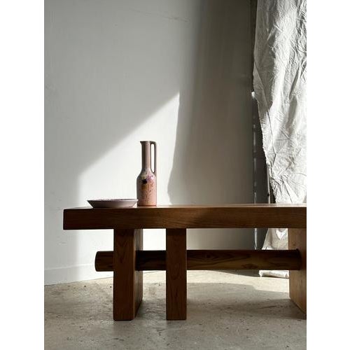 Wood Wood Bench with Openwork Base Crossed by a Cylinder For Sale - Image 7 of 18