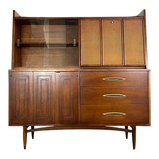 1960s Mid Century Modern 2pc Broyhill Sculptra Walnut Credenza With Drop Down Bar Hutch - Set of 2 For Sale