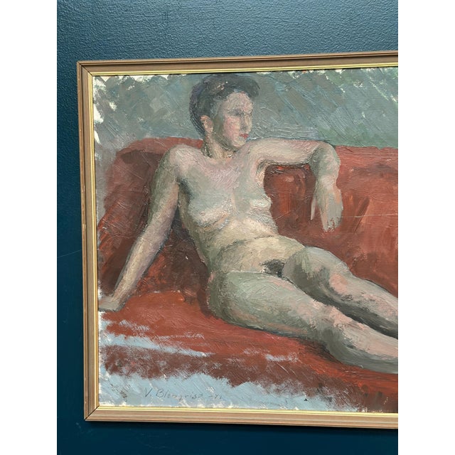 Vilhelm Blomquist, Reclining Lady on Red Couch, 1960s, Oil on Panel, Framed For Sale - Image 6 of 18