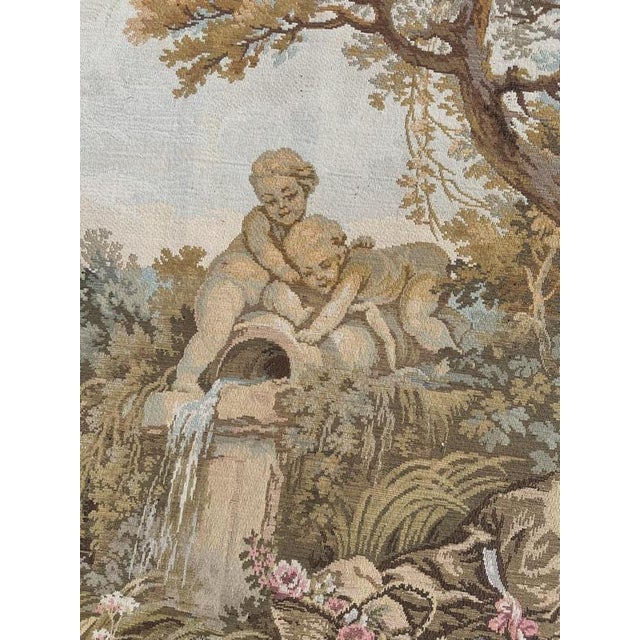 Green Large Vintage French Aubusson Jacquard Tapestry Pastoral Loves, 1960s For Sale - Image 8 of 18