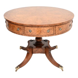Vintage Regency Style Burr Walnut Drum Table, 1950 For Sale
