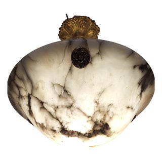 Art Deco French Ceiling Lamp with Domed Alabaster Bowl on Brass Mount, 1920s For Sale