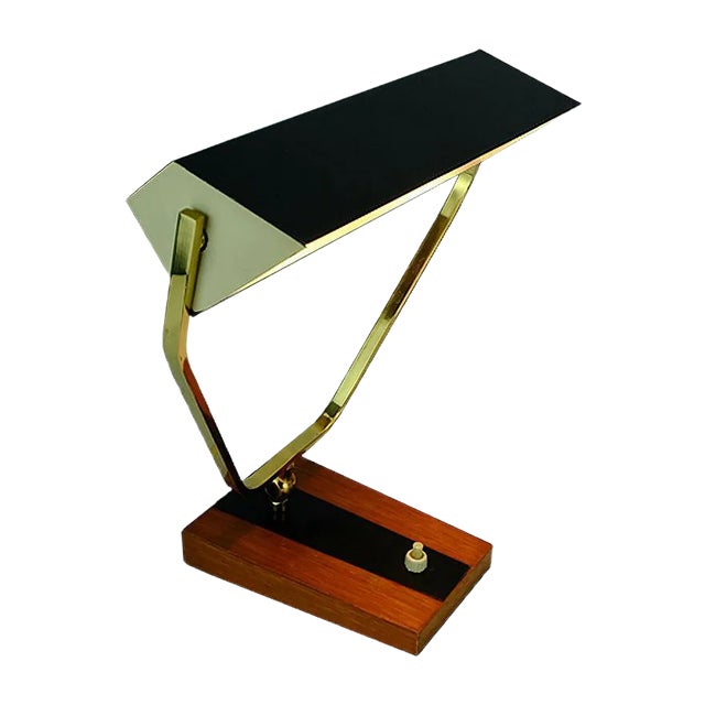 Metal, Brass & Teak Desk Lamp from Kaiser Leuchten, 1960s For Sale