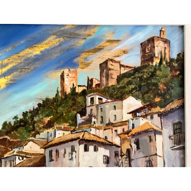 Vintage Spanish Hillside Village Oil Painting by M. Castro, Signed For Sale - Image 4 of 11