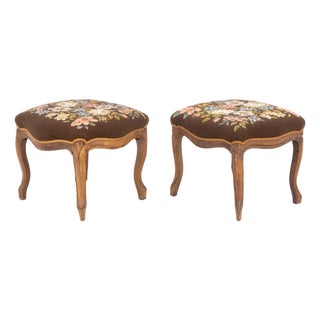 Victorian Floral Needlepoint Walnut Footstools, 2 For Sale