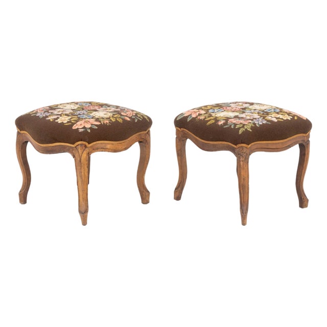 Victorian Floral Needlepoint Walnut Footstools, 2 For Sale