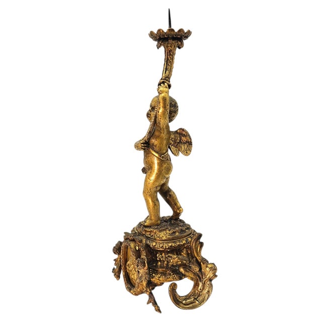 Metal 19th C French Gilt Bronze Cherub Putti Candlestick Pair 14" For Sale - Image 7 of 18